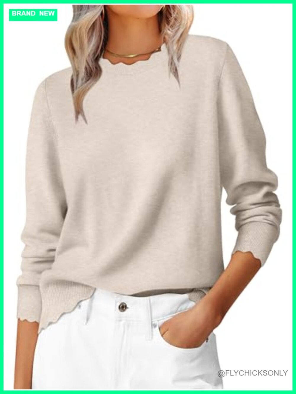 Women's Lightweight Knitted Pullover Sweater Scallop Edge Crew Neck Long Sleeve
